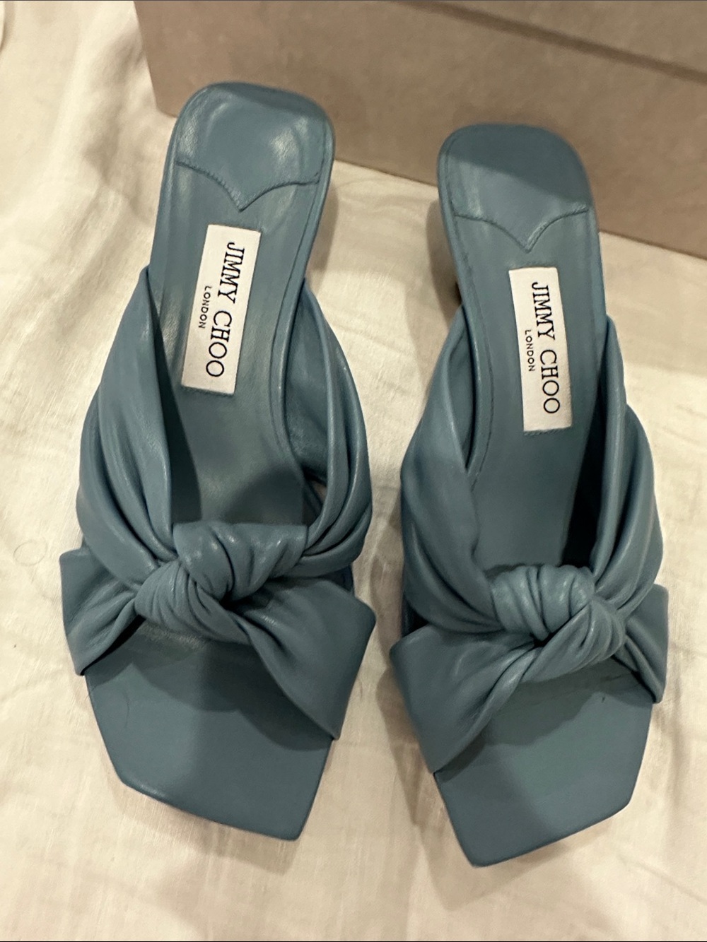 Jimmy Choo Light Blue Knotted Leather Heeled Mules Avenue Smoky Blue - Picture 2 of 7